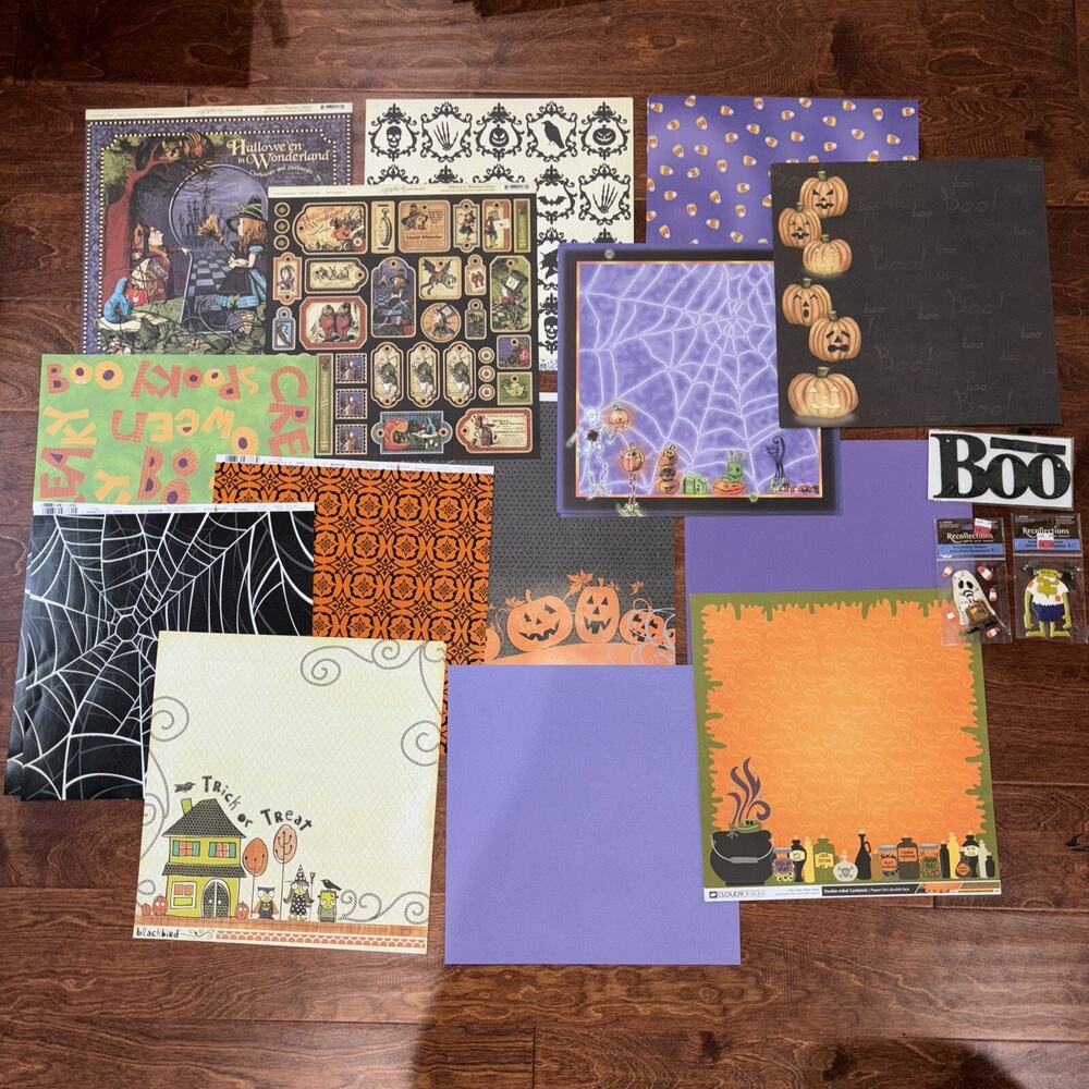 12X12 HALLOWEEN THEMED Scrapbook Paper Sheets + Stickers Bundle! **READ**